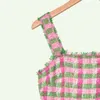 2019 herfst roze spaghetti riem vierkante nek plaid print katoen ruche lambrised knielengte jurk vrouwen mode jurken AG3000179KS