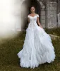 Ruffles Tired Skirts Wedding Dresses Appliqued Lace Sheer Neck 2020 Bridal Gowns Sweep Train Short Sleeve Wedding Dress robe de mariée