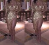 Deep V-deck Sexy Gold Sequins Sukienki koktajlowe Krótkie połowy rękawy afrykańskie kobiety imprezowe z rozciętymi bodycorn sukienki celebrytów