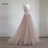 Hübsche 3D-Blume Lange Abendkleider Spitze Erröten Rosa Tüll Abendkleider V-ausschnitt Formale Party Kleider Robe De Soiree 2023