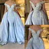 Sky Blue Mermaid Evening Dresses with Detachable Skirt Sheer Short Sleeves Satin Applique Beaded Pageant Gowns Prom Dress BC0832