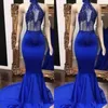Boncuklar ışıldamaya Saten Mermaid Abiye Giyim AYDINLATMA Backless Kokteyl Parti Elbise sayesinde Kraliyet Mavi Halter Seksi Gelinlik Modelleri bakın