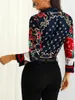 2019 Moda Feminina Elegante Look de Escritório Look Work Wear Camisa de Festa Blusa Feminina Tops de Fim de Semana Floral com Estampa de Correntes