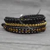 Pelle 10pcs 4MM Bracciale misto di pietra naturale nero opaco Onyx Tiger Eye Gemstone rilievo polsino dell'involucro fascino dei 3 fili regolabile Boho Bracciale