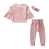 Prinsessan flicka kläder uppsättning toddler barn flicka ruffle rosa sling toppar + byxor breda leggings byxor + båge huvudband kostym outfit 1-6t
