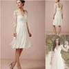 2020 Summer Beach Short Lace Chiffon Ivory Sheer V Neck Illusion 3/4 Long Sleeve Vintage Knee Length Bridal Gowns Prom Dress