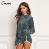 Cwlsp Automne Velours À Capuche Sweat Plus Shorts Femmes Deux Pièces Ensemble À Manches Longues Pulls Poches Pantalon Court Costume Survêtements J190426