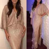 2020 Rose Gold Sequins Prom Klänningar Korta Ärmar Sidan Slit V Neck Mantel Golvlängd Anpassad Gjord Plus Size Afton Kappa Formellt Slitage