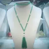 Hand knotted long natural green jade white freshwater pearl micro inlay zircon clasp tassel necklace 85-90 cm