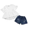 Kids Designer Roupas Girls Roupas Conjuntos de Verão Jeans Rasgado Tops Algodão Linho Ins Sólido Ruffle T-shirt Calças Suits Boutique Outfits B6099