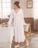 Wholesale-Sleepwear Vネックホワイトロングパジャマレースコットンナイトガウン長袖ナイトドレスプリンセスパジャマレディースピジャマスフェムニノス