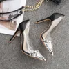 Горячие продажи женщины женщины сексуальные заостренные носки змея кожа узор на одной обуви прозрачные сандалии на высоком каблуке мода женщина