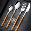 nouveau manche en bois en acier inoxydable couteau et fourchette cuillère Western food couteau et fourchette cuillères à café cadeau Vaisselle T2I5918