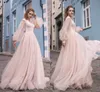 Blush Pink Romantic A Line Prom Deep V Neck Sexy Pleats Long Sleeves Tiered Tulle Dresses Evening Wear Vestidos De Fiesta estidos