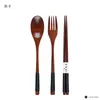 3 stks / set Wood Stationware Pak Environmental Draagbare bestek Japanse Stijl Vork Lepel Chopstick Servies Servies Set voor Student Lin4569