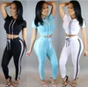 Partihandel Kvinnor Två Piece Outfits Byxor Sätta Casual Sports Rompers Jumpsuit Långbyxor 2 Piece Set O-Neck Crop Tops Tracksuits Gratis frakt