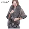 MS.MinShu Scialle per capelli in visone Finitura in pelliccia di volpe Inverno Moda donna Poncho Mantella con pelliccia di volpe Mantella invernale Donna