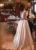 2019 elegante cetim uma linha vestidos de casamento bateau mangas keyhole v backless caxos bolsos plissados ​​varrer long plus size vestidos de noiva