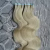 Taśma fali ciała w ludzkich rozszerzeniach włosów 40 sztuk dziewiczy brazylijski fala włosy pu skóra wąkt taśma na / w Remy Hair Extensions # 60 Platinum Blonde