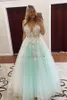 Mint Green Prom Dresses V Neck Backless Sweep Train Appliques Long Formal Evening Party Gowns For Sweet 15 Graduation Dress Plus Size