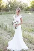 2020 Elegant Country Lace Wedding Dresses Mermaid V Neck Cap Sleeve Modest Wedding Bridal Gowns Boho Beach Covered Button Cheap