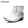 Zachodnia Zapatos Hombre Cowboy Mężczyźni Buty 6,5 cm Obcasy White Leather Punk Style Spioste Toe Motocykl Motocykl High Top Hombre