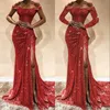 Röd Sequined Mermaid Prom Dress Lace Appliques Sexig Slit Off Shoulder Aftonklänningar Långärmade Formella Klänningar