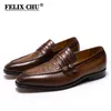 FELIX CHU décontracté affaires hommes chaussures habillées en cuir véritable imprimé Crocodile marron fête mariage hommes mocassins avec Double boucles