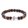 Bijoux Croix Perlé Brins Bracelets Pierre Naturelle 8mm Noir Lave Onyx Oeil De Tigre Guérison Élastique RopePulseira Hommes Femmes braceltes