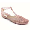 Women Sandals T-strap Non-Slip Outdoor Beach Women Jelly Shoes Pointed Toe Summer Korea Princess Flats