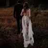 2022 Богемские свадебные платья с длинным рукавом сексуально v Neck Check Sweep Train Beach Boho Country Bridal Howns Plus Root Robe de Mariee