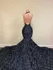 Black Mermaid Prom Klänningar med 3D Floral Appliqued Lace Ruffles Evening Dress 2020 African Halter Illusion Party Vestidos DE