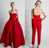 Krikor Jabotiska Modest Röda Jumpsuits Prom Klänningar med Avtagbar Kjol Strapless Brudklänning Bridal Pantsuits Aftonklänning Ogstuff