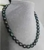 11-12mm Collier de perles de Tahiti vert noir Colliers de perles de 18 pouces Fermoir en or 14 carats