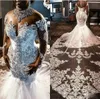 Afryki Syrenki Suknie ślubne Luksusowe Kryształy Major Frezowanie Vestidos De Długie Rękawy Plus Size Sukienka ślubna Aplikacje Koronki Suknie Ślubne