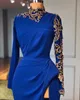 Royal Blue Mermaid Evening Dresses High Neck Long Sleeves Side Split Gold Appliques Prom Gowns Arabic Special Occasion Party Dress