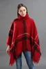 Wholesale-Women Plaid Cloak Autumn Winter Shawl High Collar Sweater Scarf Batwing Tassels Poncho For Girl knitted cape outwear