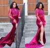 Afryki Plus Size Prom Dresses Wysokiej szyi Długie Rękawy Formalna Sukienka Dla Kobiet Koronki Aplikacje Zroszony High Side Split Suknie Wieczorowe