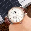 Traditionnelle Moon Phase Automatic Mens Watch Rose Gold Fluted Bezel White Dial Stick Markers Brown Leather Watches Timezonewatch E53b2