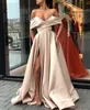 2020 Champagne Muslim Evening Dresses Satin Off the Shoulder Slit vestidos Islamic Dubai Kaftan Saudi Arabic Evening Gown Prom Dress