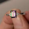 Wholesale-Women's Silver Ring Princess Cut Mystic Rainbow Topaz Engagement Diamond Jewelry Christmas Birthday Proposal Gift