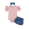 Baby Clothes Girls Solid Rompers Bowknot Denim Shorts Headband Clothing Sets Kids Jumpsuit Floral Printed Shorts Hairband Suits PY614