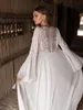 Amazing A Line Lace Beach Wedding Dresses Deep V Neck Long Sleeves Jacket Bridal Gowns Chiffon Floor Length Side Split robe de mariée