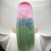 Długie jedwab prosty Mermaid Rainbow Color Koronki Przód Wig Beauty Pastel Pink Purple Blue Green Colorful Hue Anime Cosplay Party Peruka