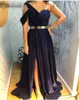 Jedno ramię Navy Blue Prom Dresses 2020 Side Slit Vestidos de Fiesta de Noche Prom Suknia Długa Satyna Sweetheart Seksowna Suknia Party