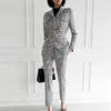 Kvinnors kostymer Blazers 2021 Business Women and Pant Office Lady 2 Piece Suit Set Long-Sleeved Bodycon Plaid Blazer1