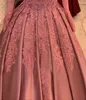 2020 Arabo Aso Ebi Blush Abiti da sera in pizzo rosa Cristalli di perline Abiti da ballo Maniche lunghe Abiti da cerimonia per feste di seconda accoglienza ZJ056