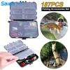 187Pcs Fishing Terminal Tackle Box - Fishing Baitholder Hooks, Drop Shot Weights, Fishing Bobbers, Sinker Slides, Double Barrel Crimps