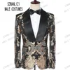 Ny 2019 Classic Golden Brodery Män Passar för Groom Tuxedos Kostym Homme Groomsmen Mens Bröllop Prom Passar Bästa Man Blazer