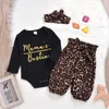 Roupa Crianças Conjuntos bebê mangas compridas letra impressa topo romper + leopardo calça + arco headbands 3pcs / set oufits roupas da moda boutique M784
